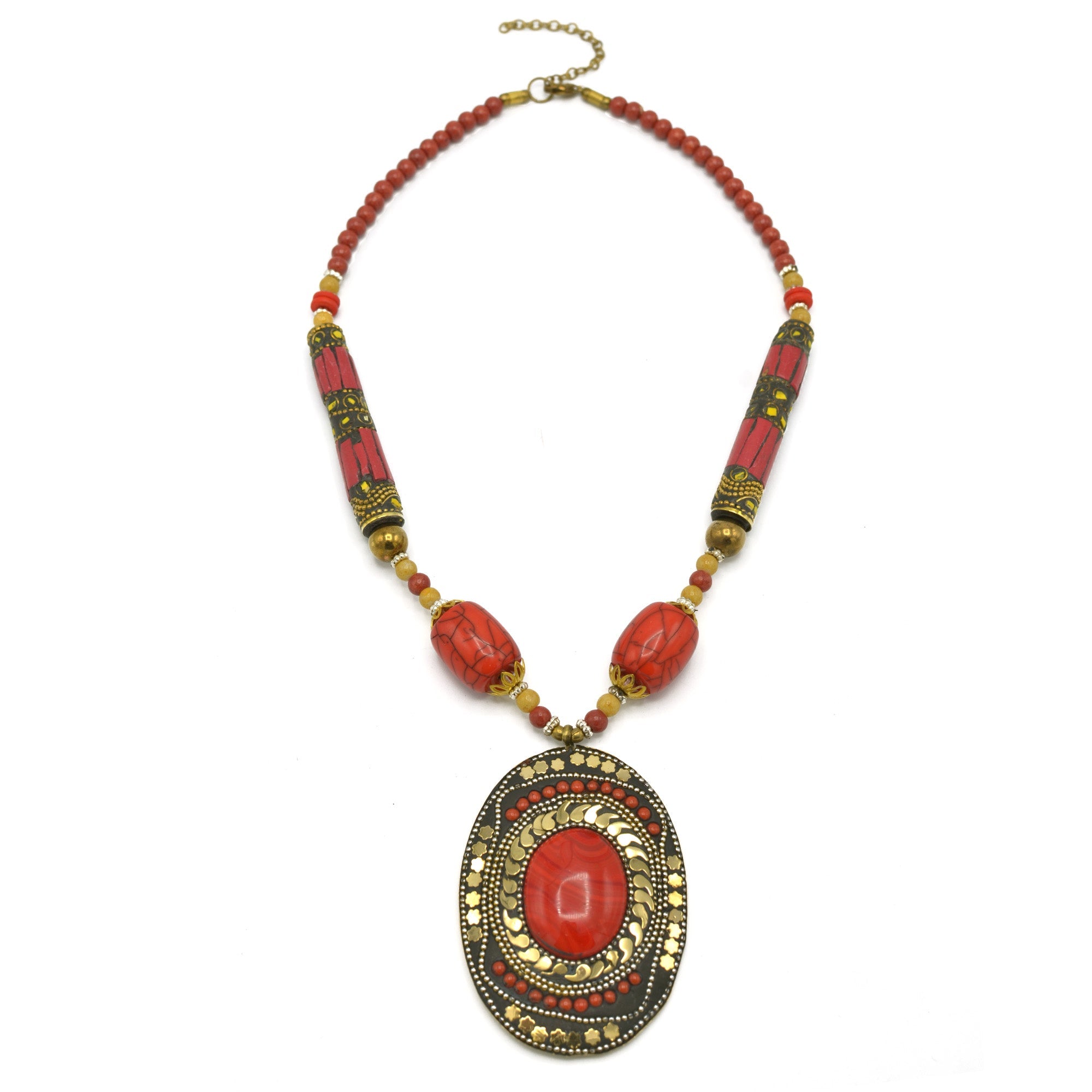 CORAL & CREAM BEADS WITH OVAL GOLD CORAL PENDANT NECKLACE #FWNK-2202-107