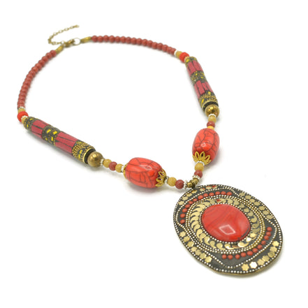 CORAL & CREAM BEADS WITH OVAL GOLD CORAL PENDANT NECKLACE #FWNK-2202-107