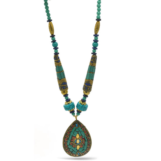 TURQUOISE BEADS WITH TEARDROP GOLD PENDANT NECKLACE FWNK-2202-108