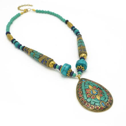 TURQUOISE BEADS WITH TEARDROP GOLD PENDANT NECKLACE FWNK-2202-108