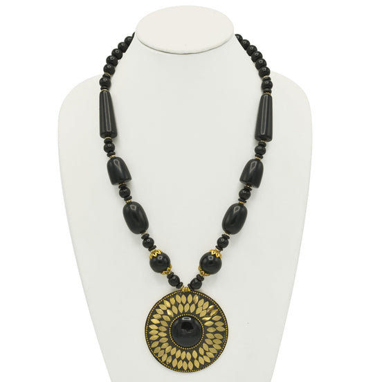 BLACK BEADS WITH ROUND GOLD PENDANT NECKLACE #FWNK-2202-110
