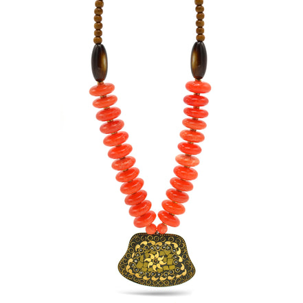 ORANGE & BROWN BEADS WITH  GOLD PENDANT NECKLACE #FWNK-2202-111