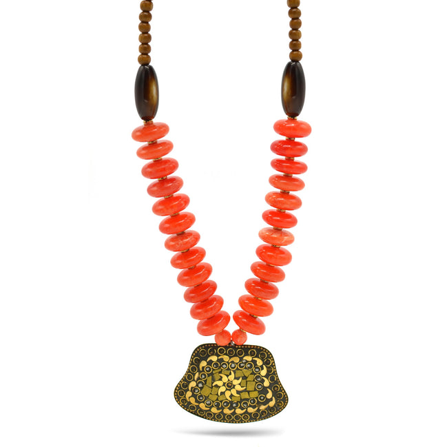 ORANGE & BROWN BEADS WITH  GOLD PENDANT NECKLACE #FWNK-2202-111