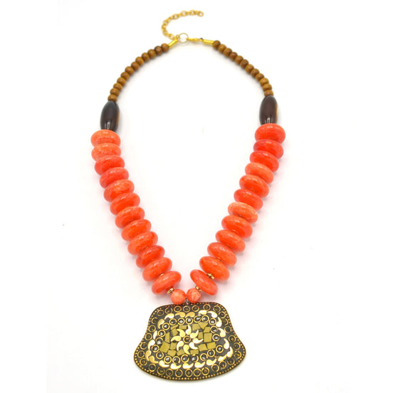 ORANGE & BROWN BEADS WITH  GOLD PENDANT NECKLACE #FWNK-2202-111