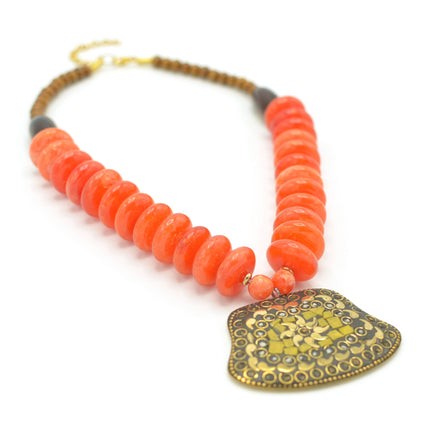 ORANGE & BROWN BEADS WITH  GOLD PENDANT NECKLACE #FWNK-2202-111