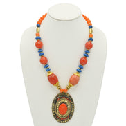 Orange & Purple Beads with Oval Gold Pendant and Orange Stone Necklace#FWNK-2202-112