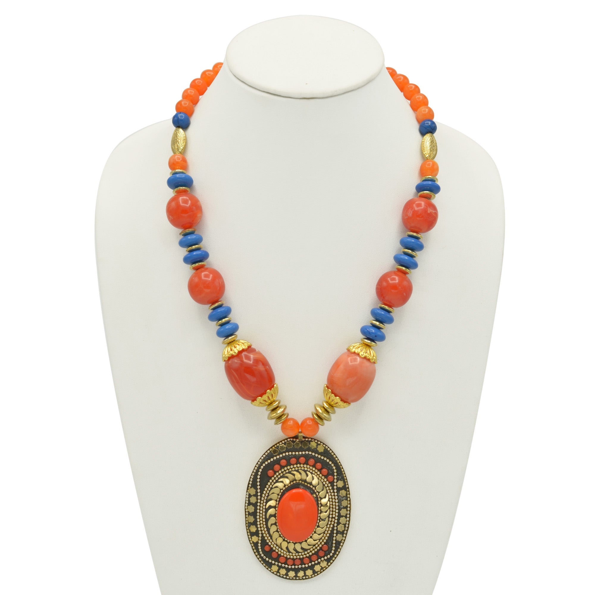 Orange & Purple Beads with Oval Gold Pendant and Orange Stone Necklace#FWNK-2202-112