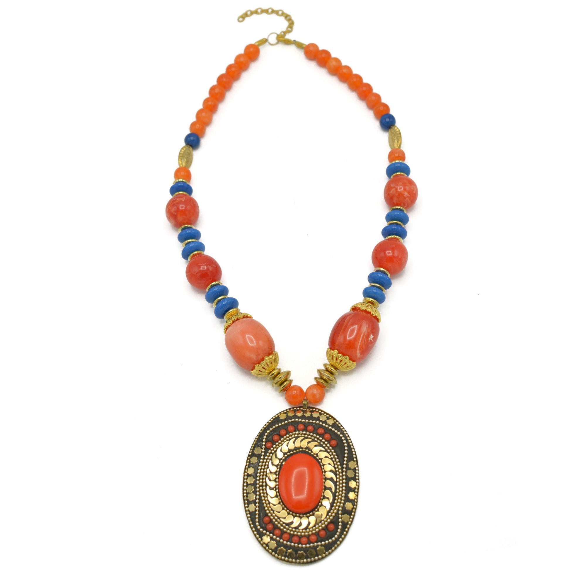 Orange & Purple Beads with Oval Gold Pendant and Orange Stone Necklace#FWNK-2202-112
