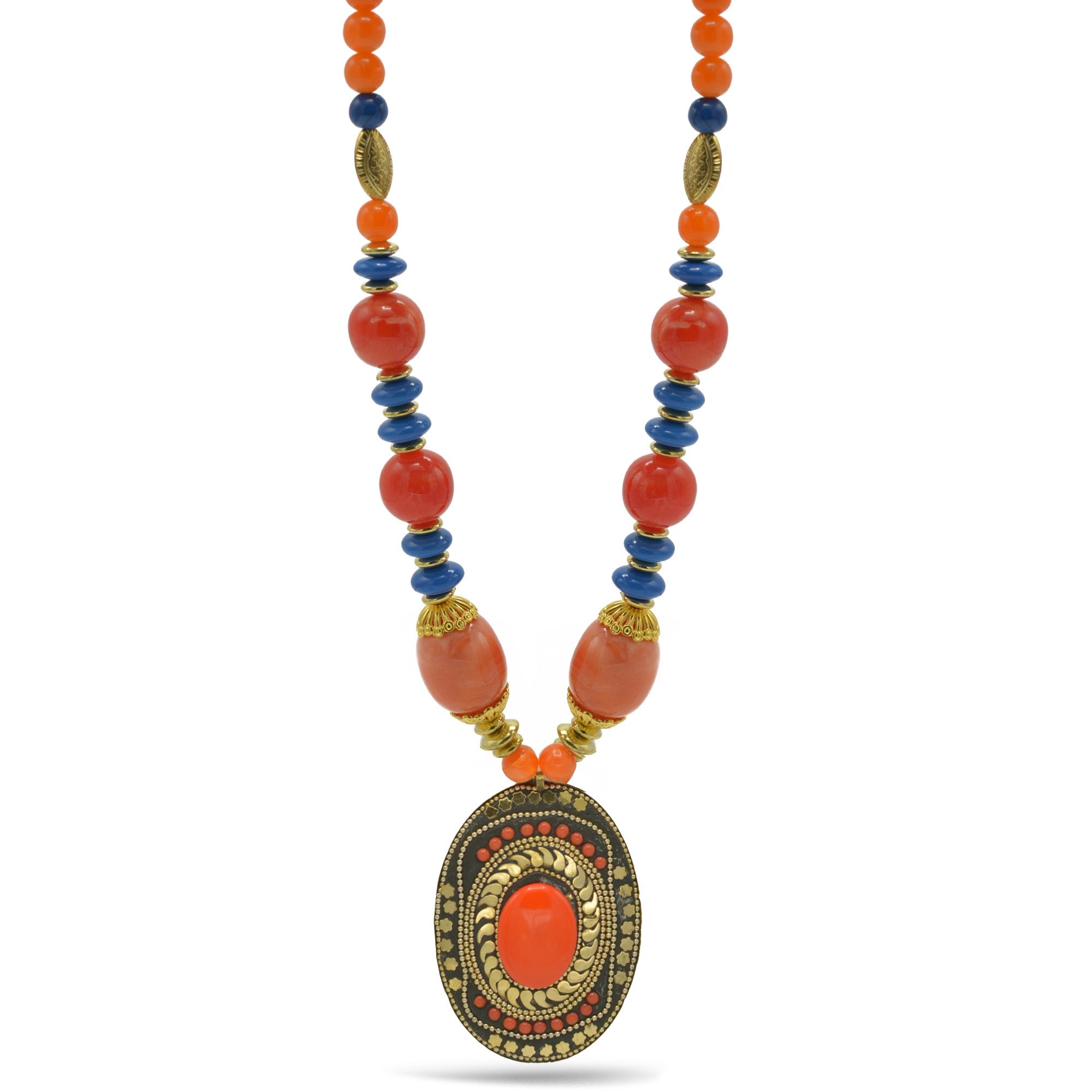 Orange & Purple Beads with Oval Gold Pendant and Orange Stone Necklace#FWNK-2202-112