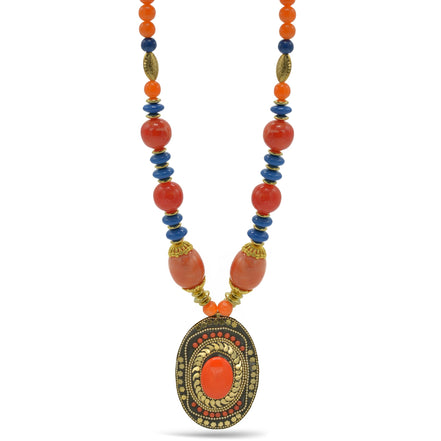 Orange & Purple Beads with Oval Gold Pendant and Orange Stone Necklace#FWNK-2202-112