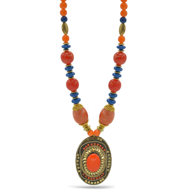 Orange & Purple Beads with Oval Gold Pendant and Orange Stone Necklace#FWNK-2202-112