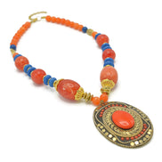 Orange & Purple Beads with Oval Gold Pendant and Orange Stone Necklace#FWNK-2202-112
