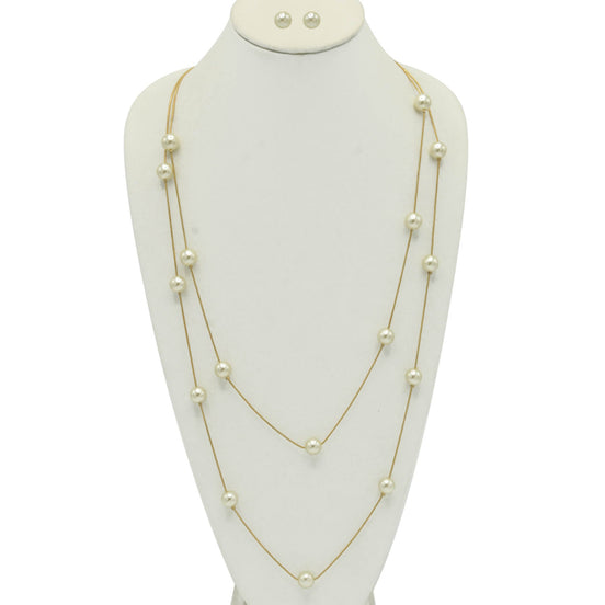GOLD CREAM PEARL TWO ROW LAYER NECKLACE AND EARRINGS SET#HNN+E90734GDCM (SD6)