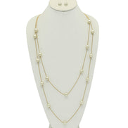 GOLD AND CREAM PEARL TWO ROW LAYER NECKLACE AND EARRINGS SET #SQWS0912516G (XL9)