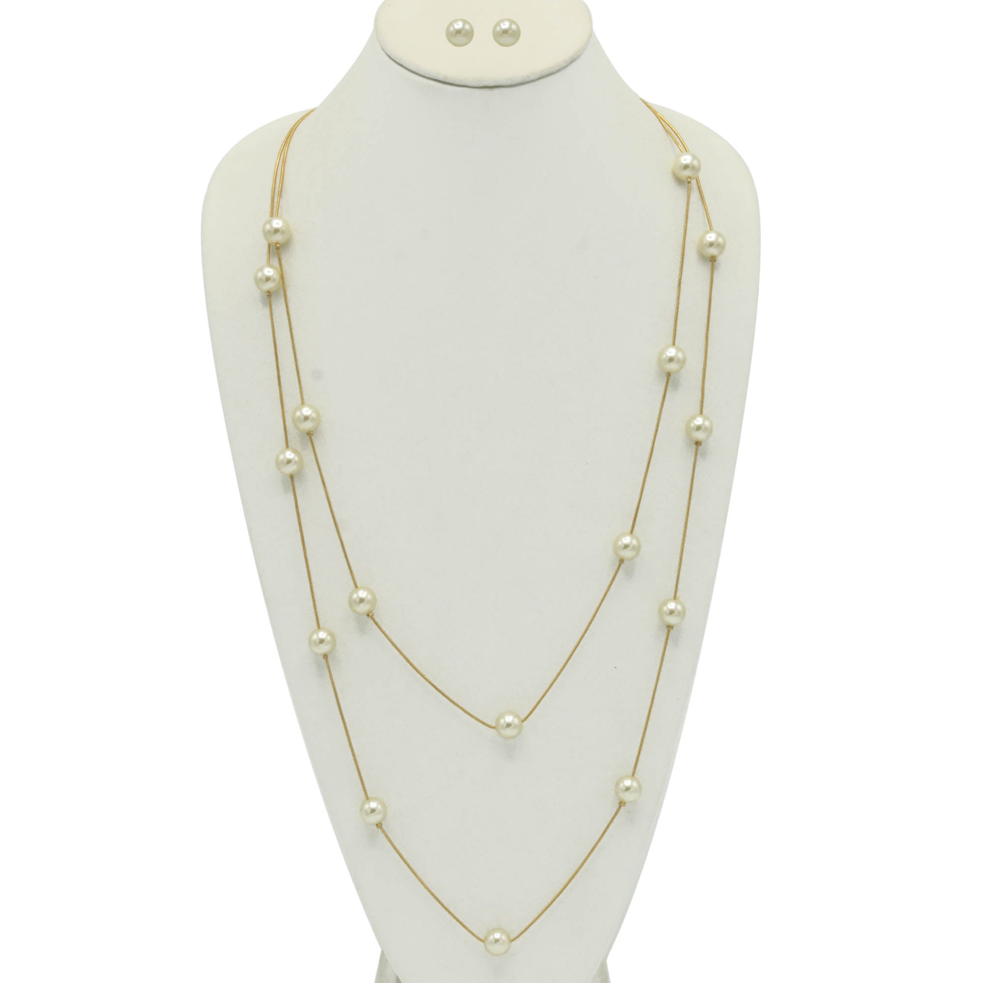 GOLD AND CREAM PEARL TWO ROW LAYER NECKLACE AND EARRINGS SET #SQWS0912516G (XL9)