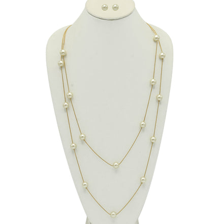 GOLD AND CREAM PEARL TWO ROW LAYER NECKLACE AND EARRINGS SET #SQWS0912516G (XL9)