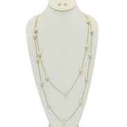 GOLD AND CREAM PEARL TWO ROW LAYER NECKLACE AND EARRINGS SET #SQWS0912516G (XL9)