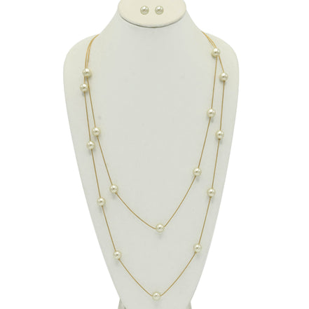 GOLD AND CREAM PEARL TWO ROW LAYER NECKLACE AND EARRINGS SET #SQWS0912516G (XL9)