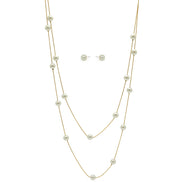 GOLD AND CREAM PEARL TWO ROW LAYER NECKLACE AND EARRINGS SET #SQWS0912516G (XL9)