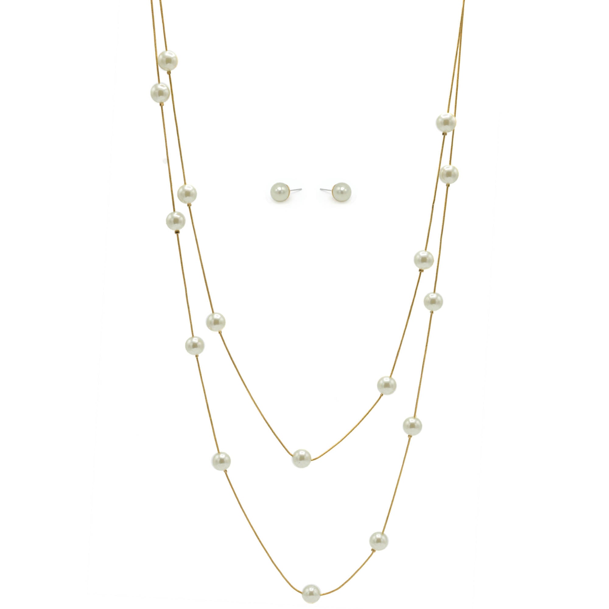 GOLD AND CREAM PEARL TWO ROW LAYER NECKLACE AND EARRINGS SET #SQWS0912516G (XL9)