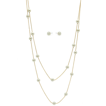 GOLD AND CREAM PEARL TWO ROW LAYER NECKLACE AND EARRINGS SET #SQWS0912516G (XL9)