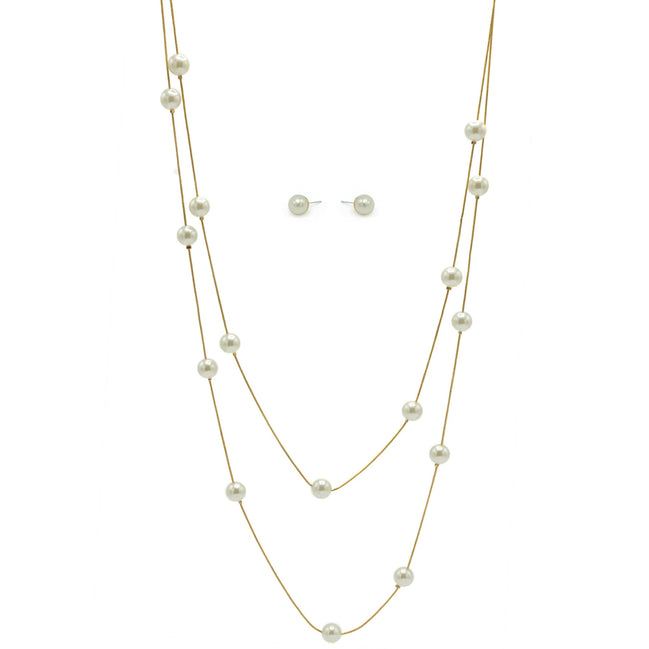 GOLD AND CREAM PEARL TWO ROW LAYER NECKLACE AND EARRINGS SET #SQWS0912516G (XL9)