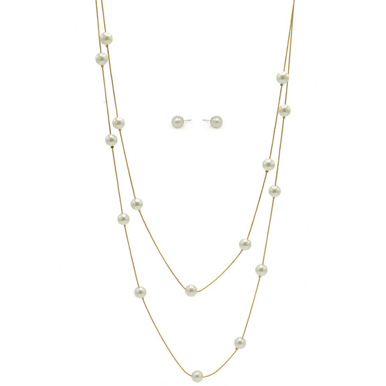 GOLD AND CREAM PEARL TWO ROW LAYER NECKLACE AND EARRINGS SET #SQWS0912516G (XL9)