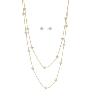 GOLD AND CREAM PEARL TWO ROW LAYER NECKLACE AND EARRINGS SET #SQWS0912516G (XL9)