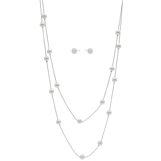 SILVER  PEARL TWO ROW LAYER NECKLACE AND EARRINGS SET #HNN+E90734SLCM (SD6)