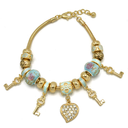 Gold Aqua Resin Beads Heart And Key Crystal Charm Bracelet #HNB82320GAQ