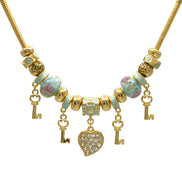 Gold Aqua Resin Beads Heart And Key Crystal Charm Bracelet #HNB82320GAQ