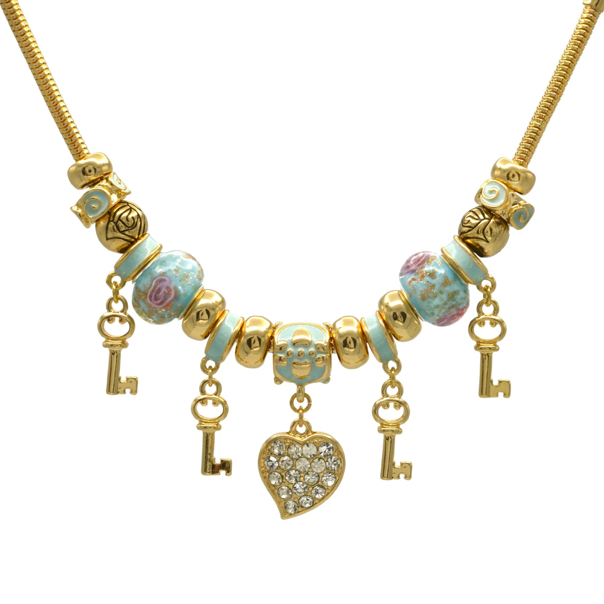 Gold Aqua Resin Beads Heart And Key Crystal Charm Bracelet #HNB82320GAQ