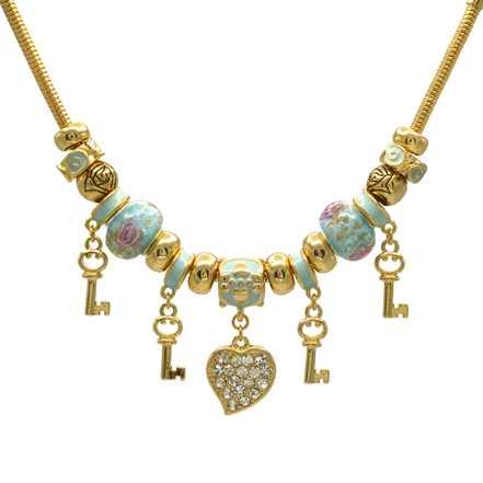 Gold Aqua Resin Beads Heart And Key Crystal Charm Bracelet #HNB82320GAQ