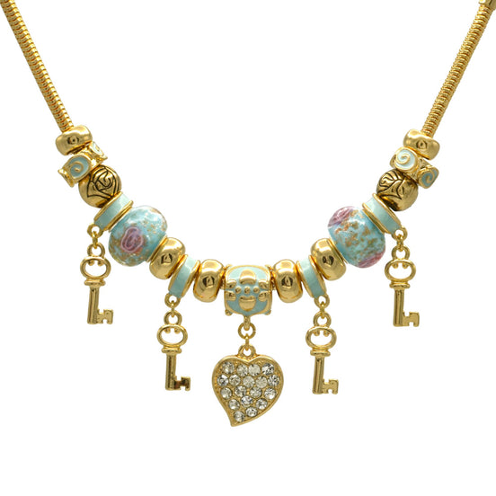 Gold Aqua Resin Beads Heart And Key Crystal Charm Bracelet #HNB82320GAQ