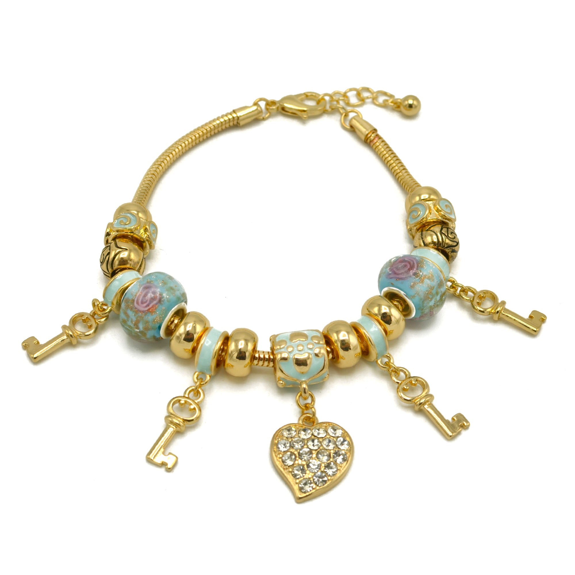 Gold Aqua Resin Beads Heart And Key Crystal Charm Bracelet #HNB82320GAQ