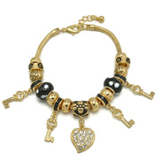 Gold Black Resin Beads Heart And Key Crystal Charm Bracelet  #HNB82320GBK