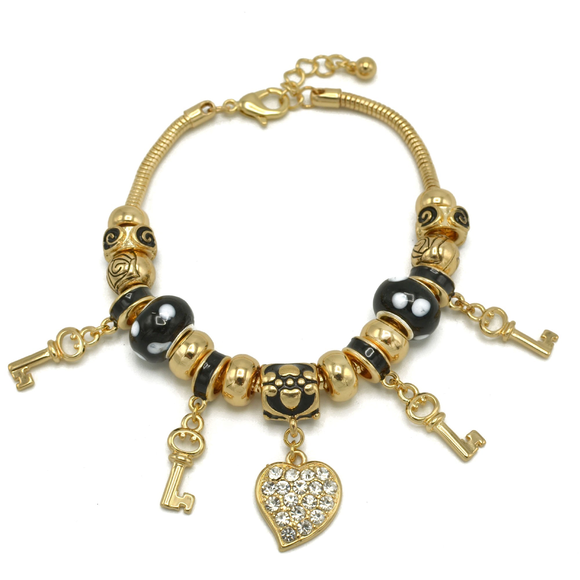 Gold Black Resin Beads Heart And Key Crystal Charm Bracelet  #HNB82320GBK