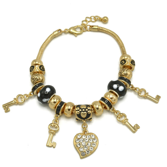 Gold Black Resin Beads Heart And Key Crystal Charm Bracelet  #HNB82320GBK