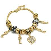 Gold Black Resin Beads Heart And Key Crystal Charm Bracelet  #HNB82320GBK