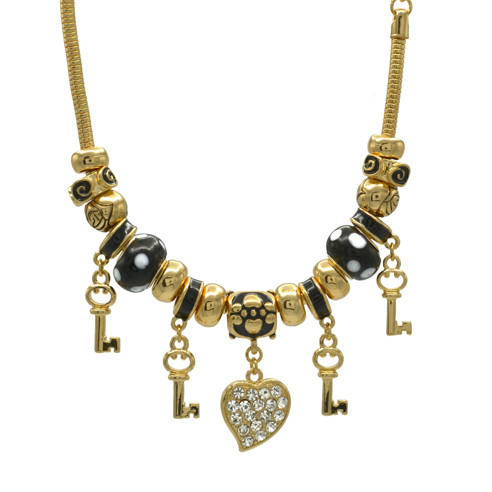 Gold Black Resin Beads Heart And Key Crystal Charm Bracelet  #HNB82320GBK