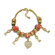 Gold Red Resin Beads Heart And Key Crystal Charm Bracelet#HNB82320GRD
