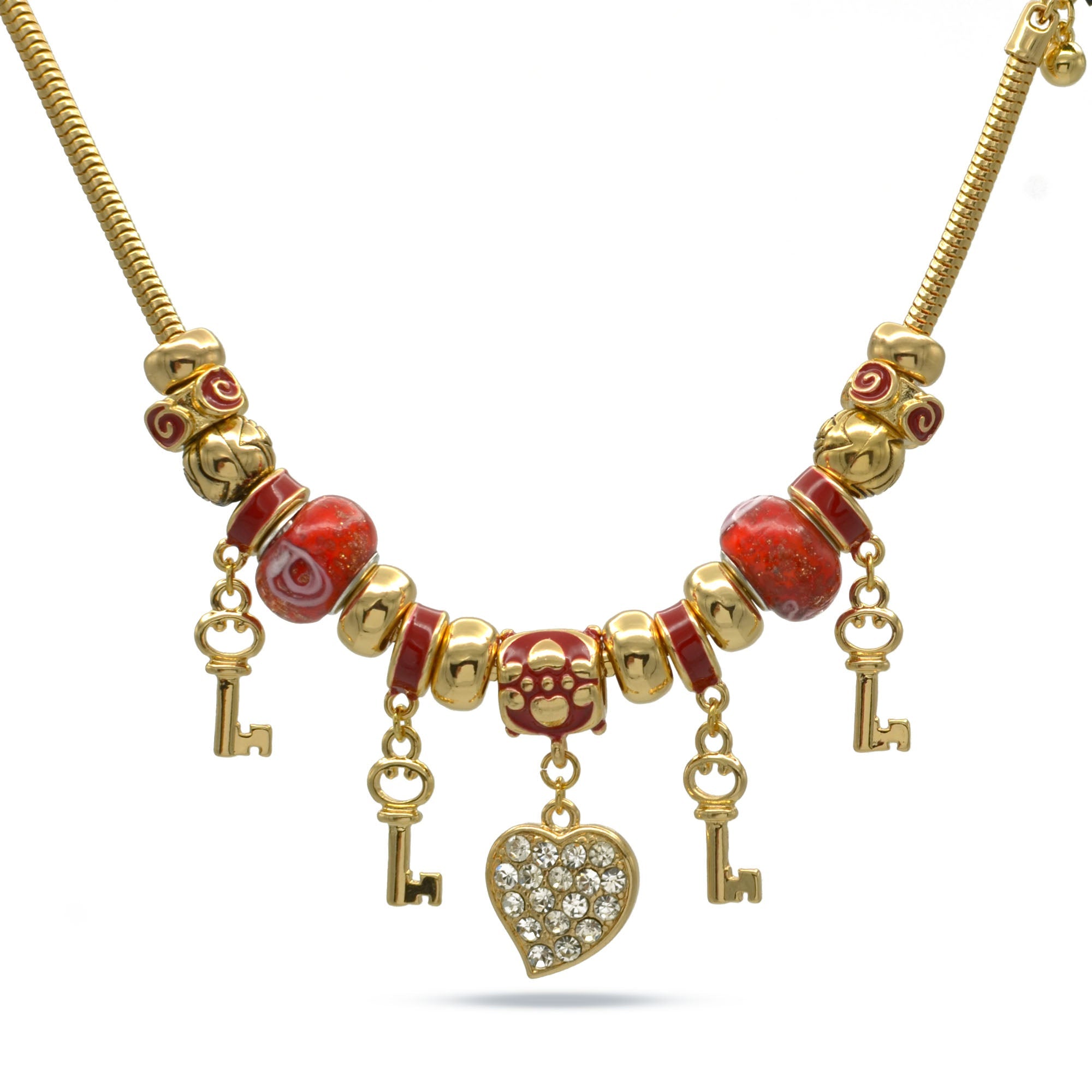 Gold Red Resin Beads Heart And Key Crystal Charm Bracelet#HNB82320GRD