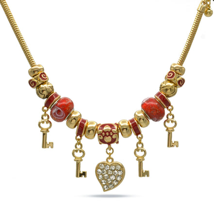 Gold Red Resin Beads Heart And Key Crystal Charm Bracelet#HNB82320GRD