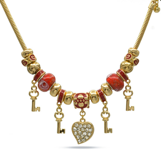 Gold Red Resin Beads Heart And Key Crystal Charm Bracelet#HNB82320GRD