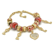 Gold Red Resin Beads Heart And Key Crystal Charm Bracelet#HNB82320GRD