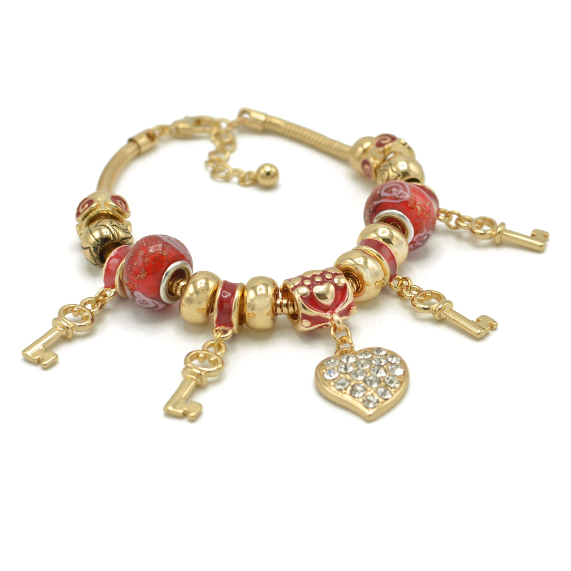 Gold Red Resin Beads Heart And Key Crystal Charm Bracelet#HNB82320GRD
