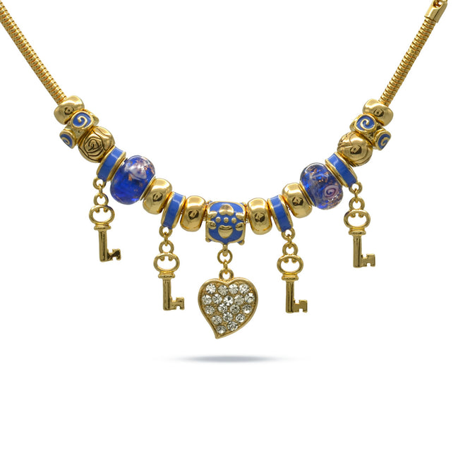 Gold Blue Resin Beads Heart And Key Crystal Charm Bracelet# HNB82320GBL