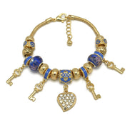 Gold Blue Resin Beads Heart And Key Crystal Charm Bracelet# HNB82320GBL