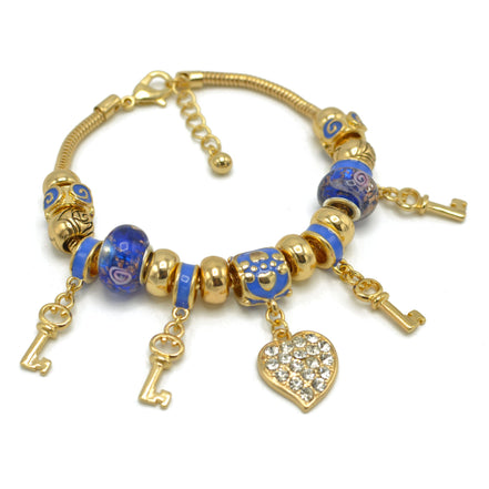 Gold Blue Resin Beads Heart And Key Crystal Charm Bracelet# HNB82320GBL