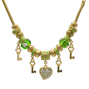 Gold Green Resin Beads Heart And Key Crystal Charm Bracelet #HNB82320GGR